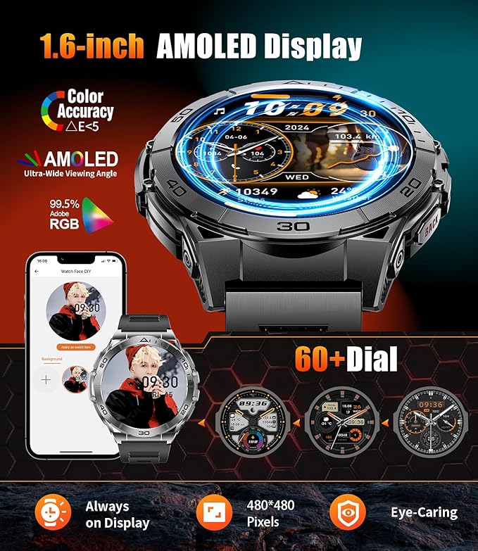 EF16 Smart Watch for Men with LED Flashlight, 1.6" AMOLED Fitness Tracker Watches, 600mAh Battery/2 Straps/100+ Sports/IP68 Waterproof/Bluetooth Call Smartwatch for Android iPhone Compatible