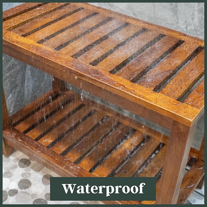 Teak Shower Bench 30 Inch – Fully Assembled Wooden Bench with Shelf, Water-Resistant, Non-Slip Adjustable Feet – Indoor Spa, Garden, or Bathroom Use