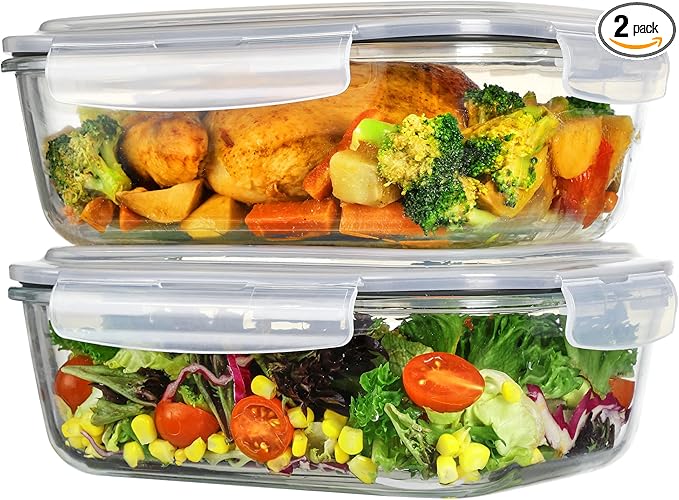 Vtopmart 2Pack 2260ml/ 76.4oz Large Glass Storage Containers with Lids, Meal Prep Food Container Set with Snap Airtight Lid for Baking, Microwave, Oven, Leak Proof, for Freezer, Dishwasher, Grey