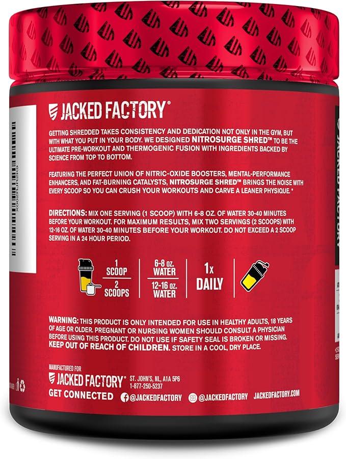 Jacked Factory NITROSURGE Shred Pre Workout Supplement - Energy Booster, Instant Strength Gains, Sharp Focus, Powerful Pumps - Nitric Oxide Booster & PreWorkout Powder - 30Sv, Blueberry Lemonade