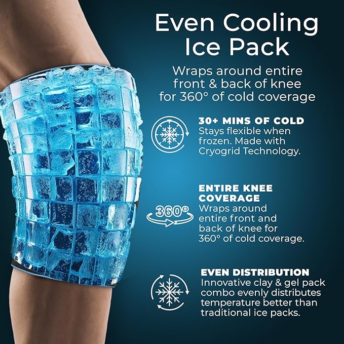 Cryogrid Knee Ice Pack Wrap - Reusable Cold Therapy Knee Ice Brace for Pain Relief, Swelling, Surgery Recovery, Arthritis, Patella & Meniscus Tear - Adjustable Compression Clay/Gel Wrap for Injuries