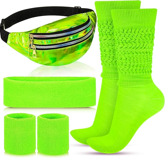 Tarpop 80s Neon Women Slouch Socks 90s Headbands Wristbands Fanny Pack Leg Warmers Sweatbands Waist Bag Women Party Costume