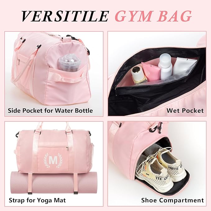 Gym Bag for Women, Personalized Duffle Bag with Shoe Compartment for Yoga & Dance with Wet Pocket and Mat Strap.