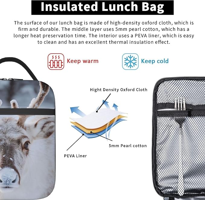 Insulated Lunch Box for Women Men, Reindeer Lunch Box Reusable Portable Lunch Bag Cooler Tote Waterproof Lunch Container for Office Picnic Work Travel Hiking