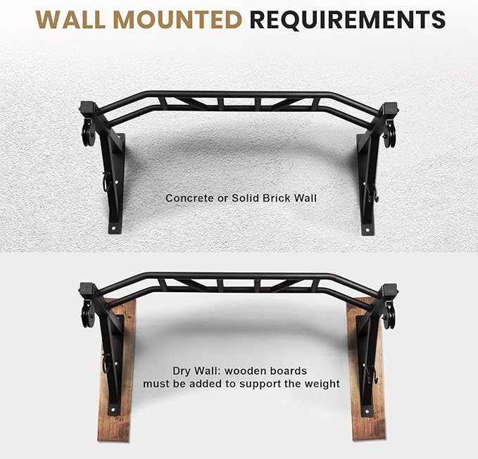 LIONSCOOL Multifunctional Wall Mounted Pull Up Bar with Pulley System, 48" and 16"/24" Multi-Grip Chin Up Bar, Cable Pulley Attachments Included, Perfect for Upper Body Workouts