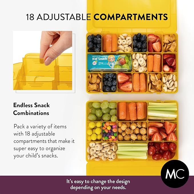 Large Kids Snack Box Containers Set of 2 -100 Labels, BPA-Free, Adjustable Compartments, Dishwasher Safe, Reusable Tray, Food Grade, Meal Prep Container, PARENT TESTED PARENT APPROVED AWARD (Yellow)