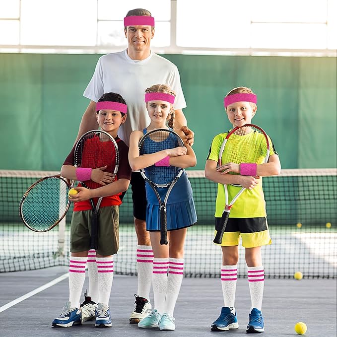 ONUPGO 5 Pieces Sweatbands Striped Socks Set Sports Headband Wristbands High Tube Socks 80s Accessories Costumes