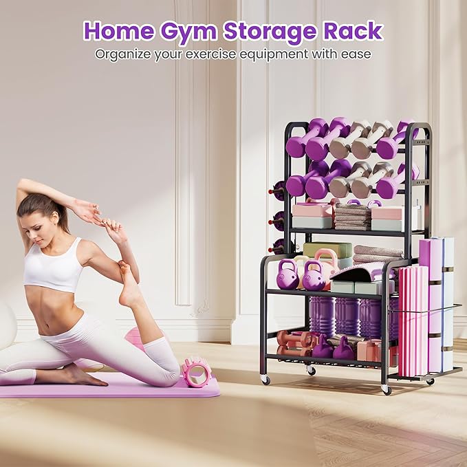 Homeiju Dumbbell Rack, Weight Rack for Home Gym, Yoga Mat Storage Holder with Lockable Wheels, Dumbbell Stand with Hooks, All in One Work out Equipment Storage for Yoga Mat Dumbbell and Balls