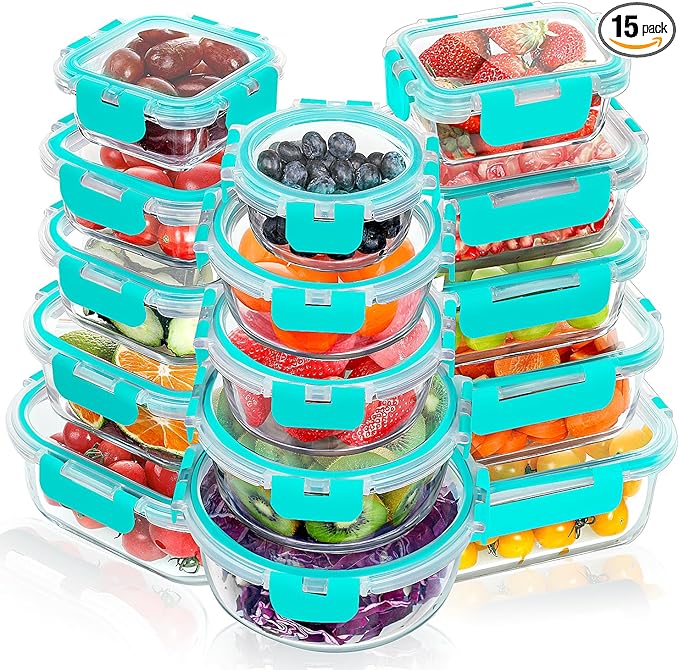 VERONES 30 Pieces Glass Meal Prep Containers Set, Stackable Glass Food Storage Containers with Lids-Airtight Glass Lunch Containers，for Microwave, Oven, Freezer & Dishwasher,Green