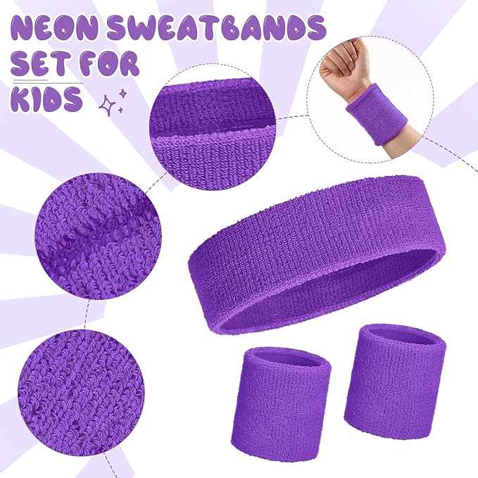Bememo 36 Pcs Neon Sweatbands Set for Kids Bulk Sports Headband Wristband Set Cotton Terry Basketball Tennis for Students Youth 80s 90s Halloween Costumes Cosplay Glow Party