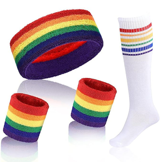 Skylety 5 Pcs Striped Sweatband Sock Set Wrist Sweatband Headband High Striped Headband for Men Women Sports 80s Party(Rainbow Color)