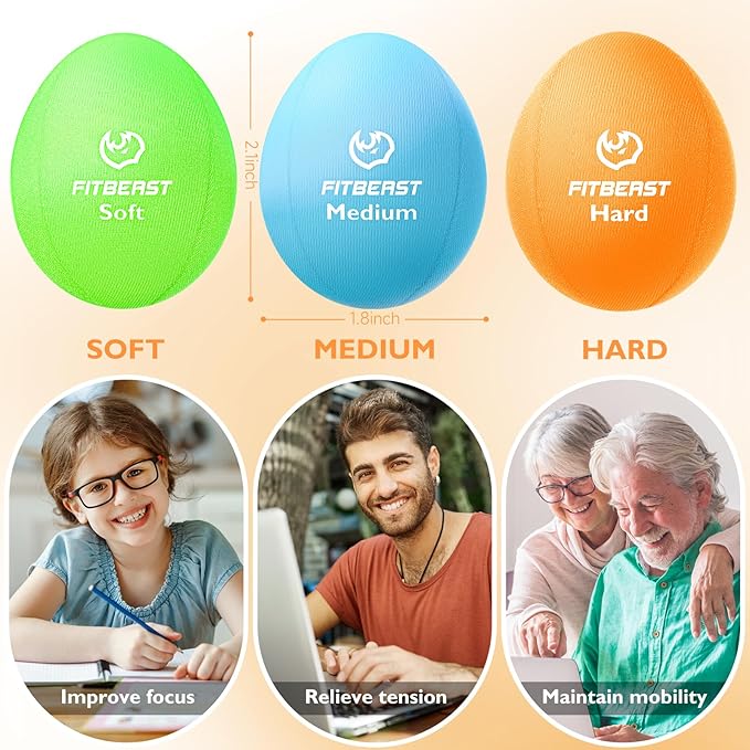 FitBeast Stress Balls for Adults, 6-Pack Hand Therapy Balls, Soft, Medium, Hard Tri-Density, Green, Orange, Blue