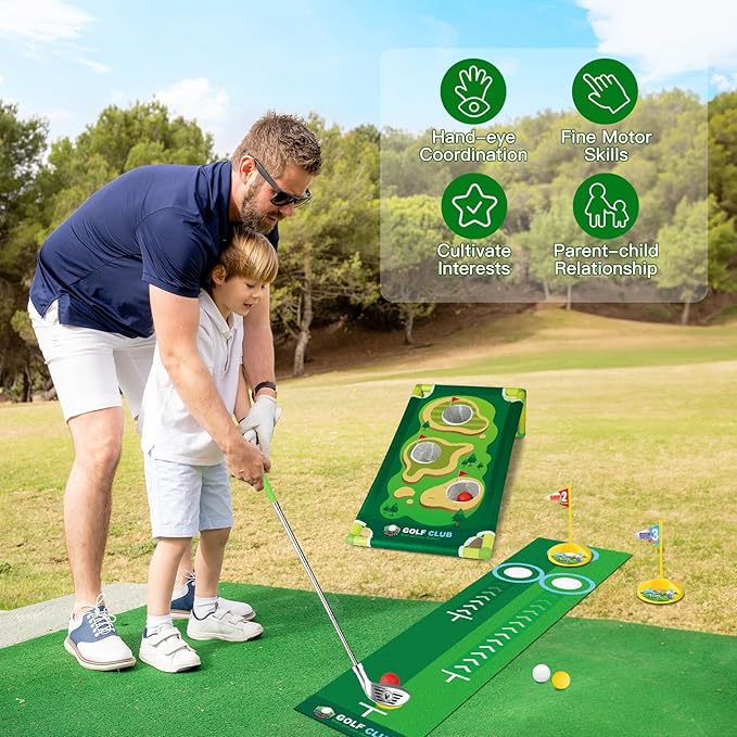 Toddler Golf Set for Boys Girls 3-6, Retractable Kids Golf Clubs with Cornhole Board & Putting Mat, Outdoor Indoor Sports Training Toy for Birthday Gifts