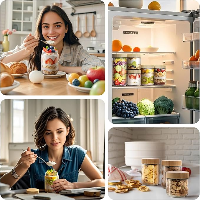 6 Pack 10oz Overnight Oats Containers with Bamboo Lids, Glass Jars with Airtight Lids for Meal Prep, Wide Mouth Mason Salad Jars, Glass Food Storage Container for Yogurt Chia Snacks Spice Sugar