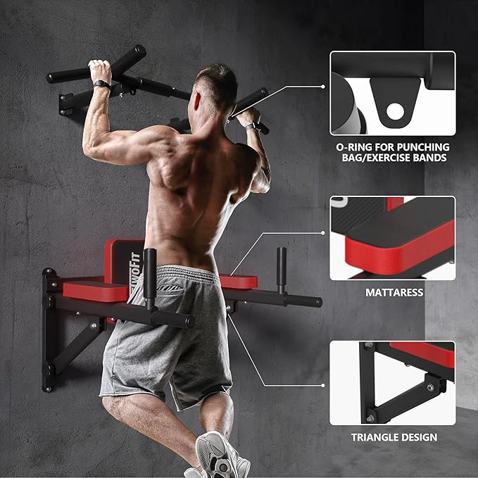 ONETWOFIT Wall Mounted Pull Up Bar, 2 in 1 Pull Up and Dip Bar Station Space Saving Multifunctional Wall Mount Chin Up Bar Indoor Outdoor Strength Training Home Gym Equipment