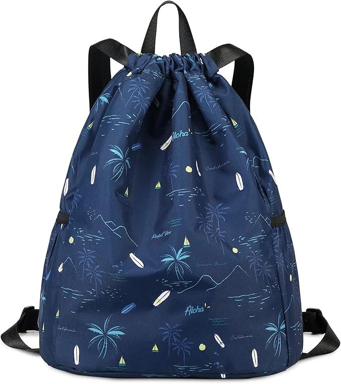 Drawstring Backpack for Kids - Coconut Tree Bags for Girls Mini Gym Dance Beach Swim Travel Bag With Two Water Bottle Holder Dark Blue Clinch Bag