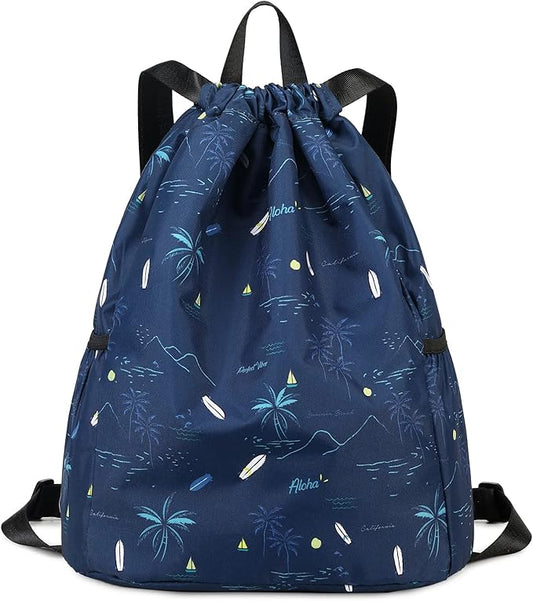 Drawstring Backpack for Kids - Coconut Tree Bags for Girls Mini Gym Dance Beach Swim Travel Bag With Two Water Bottle Holder Dark Blue Clinch Bag