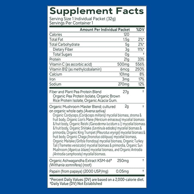 OM MUSHROOM SUPERFOOD Master Blend Mushrooms & Adaptogens, Creamy Vanilla Plant Protein, Single Serve, 10 Count, 10 Mushroom Complex, Lion's Mane, Ashwagandha, Stress Relief, GLP-1 Support