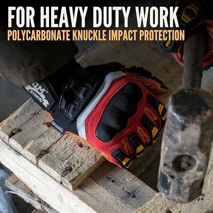 Cestus 8032, Impact Gloves with Grip, Gel Padded Palm, Polycarbonate Knuckle, Heavy Duty Safety Work Gloves