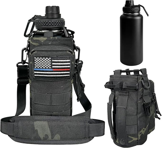 32 oz Insulated Water Bottle Stainless Steel with Sleeve - Military Metal Water Jug, For Gym Workout Hiking, Camo Black Water Bottle Pouch