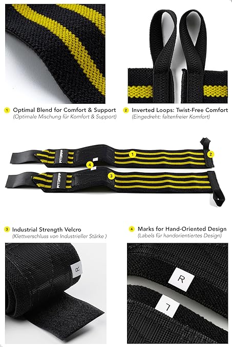 Fitgriff® Wrist Wraps for Weightlifting (18") Heavy-Duty Support for Gym, Bench Press, and Pushups (1 Pair) - for Men and Women (Black/Yellow)