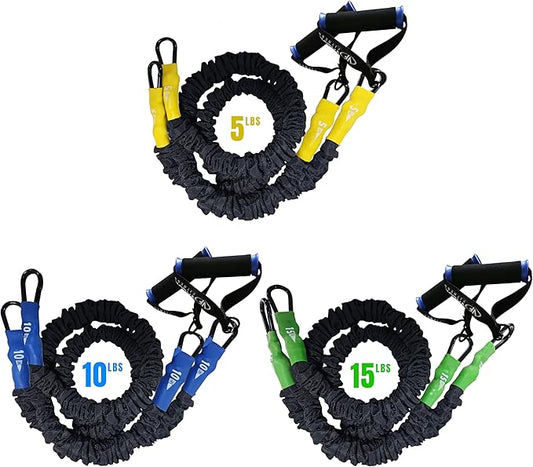 Valor Fitness Resistance Bands - 5lb to 25lbs - Carabiners Attached & 2 Bands per Weight Option with Handles– Sheath Covered - Strength Training New Compact 39" Design - Wall Door Rack Mount Options