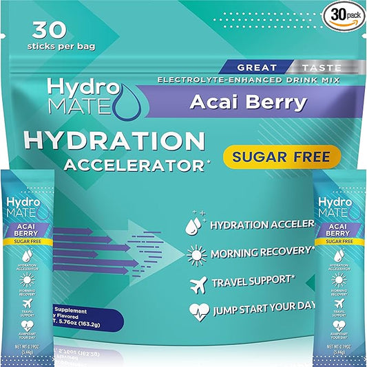 Electrolyte Powder Sugar-Free Hydration Packets Acai Berry HydroMATE 30 Sticks