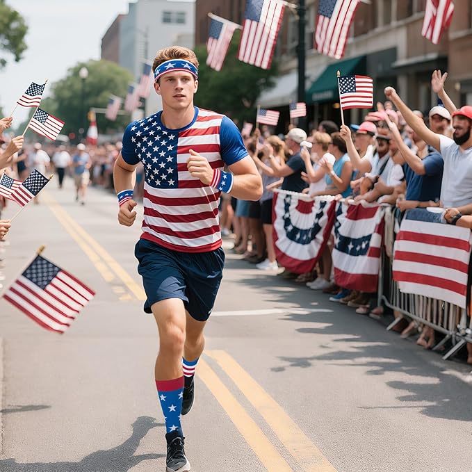 ONUPGO 5 Pieces Sweatbands Striped Socks Set Sports Headband Wristbands High Tube Socks 80s Accessories Costumes