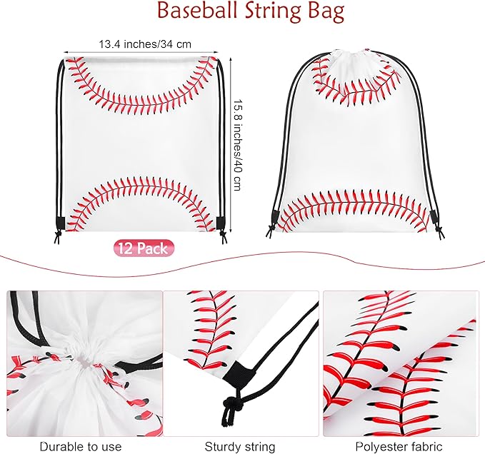 durony 15 Pieces Baseball Drawstring String Bag Sports Backpack Ball Drawstring Party Favor Bags for Sports Storage Travel Gym