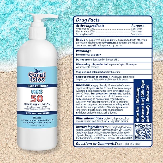 Coral Isles by Rocky Mountain Sunscreen | SPF 50 KIDS Lotion | Broad Spectrum UVA/UVB Protection | Hawaii Reef-Safe Act Compliant | Oxybenzone & Octinoxate Free | Water Resistant 80 Min. | 16 Fl Oz