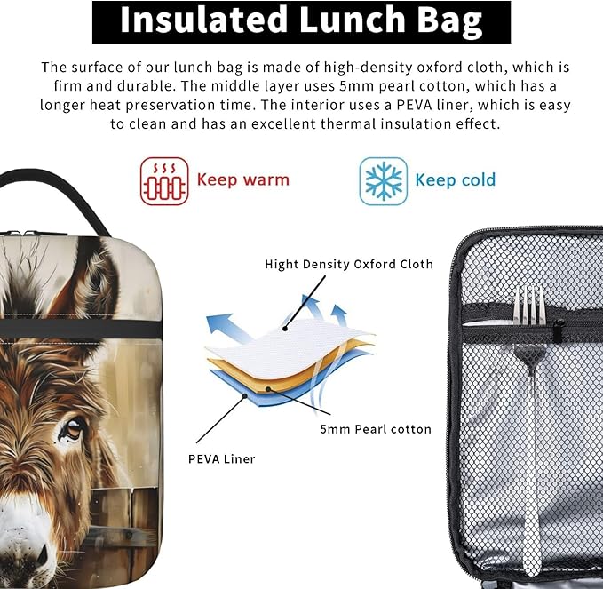 Cute Donkey Lunch Box for Women Girls Kids, Insulated Cooler Rustic Farm Donkeys Lunch Bag for School, Picnic, Office, Work, Travel, Portable Polyester Thermal Reusable Tote Lunch Bags