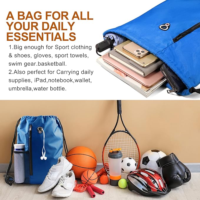 BeeGreen Royalblue Draw Strap Backpack For Men With Water Bottle Pocket &Front Zippered Pocket Large String Bags For Traveling Yoga Beach Outdoor Gym