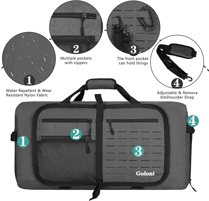 Foldable Travel Duffle Bag,Duffle Bag with Shoes Compartment and Adjustable Strap,Large Packable Travel Bags for Men Women,Waterproof Duffel Bag