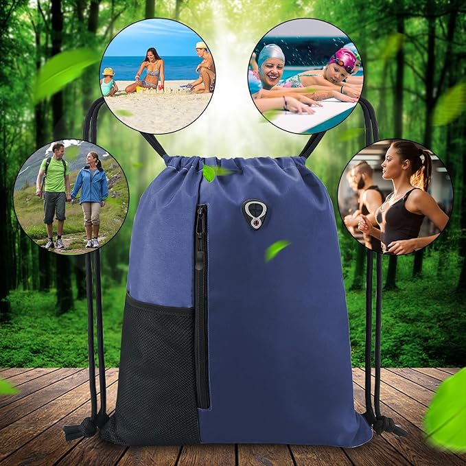 BeeGreen Navy Drawstring Backpack Gym Bag For Men & Women – Sports Sackpack with Mesh Water Bottle Holder & 2 Zippered Pockets – Large 16x20 Inch Cinch String Backpack Workout Bag for Running, Travel