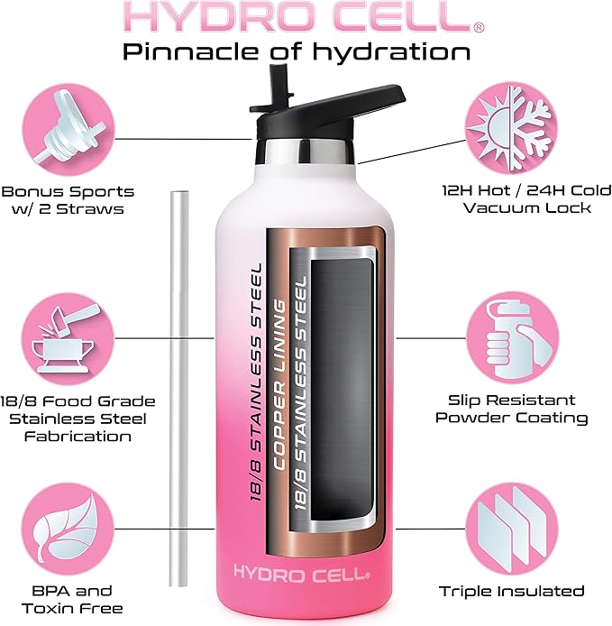 HYDRO CELL Stainless Steel Water Bottle with Straw & 2 Standard Mouth Lids (32oz 24oz 20oz 16oz) Keeps Liquids Hot or Cold w/Double Wall Vacuum Insulated Leak Proof Sport Design (White/Pink 32oz)