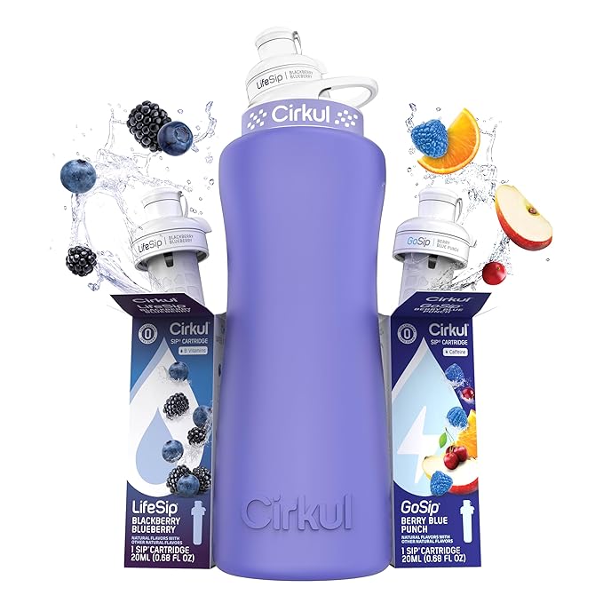 Cirkul 32oz. Matte Periwinkle Stainless Steel Water Bottle Starter Kit with Periwinkle Lid, 2 Flavor Cartridges (1 LifeSip Blackberry Blueberry, 1 GoSip Berry Blue Punch) No Sugar, Zero Calorie Drink Mix