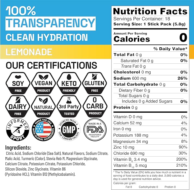 EN, Sugar-Free Electrolytes Powder Packets – Keto Electrolytes Hydration Packets, Single-Serving Electrolytes, Zero Calories, Vegan, Non-GMO, Organic, Gluten-Free, Lemonade 18 CT