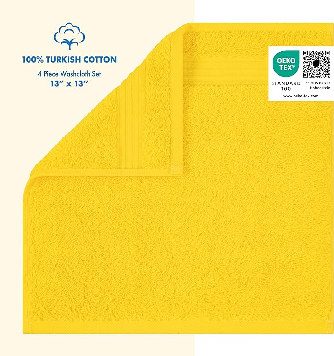 Cotton Paradise 100% Cotton Turkish Washcloth Set for Bathroom, 4 Piece Soft Absorbent Small Hand Face Towels Wash Rags, Yellow