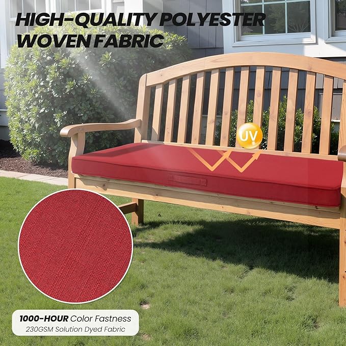 Crestlive Products Outdoor Bench Cushion 42 x 18 Inch, Waterproof Patio Bench Cushions for Outdoor Furniture, Porch Swing Replacement Pad with 30D Foam, Adjustable Straps and Portable Handle, Chili