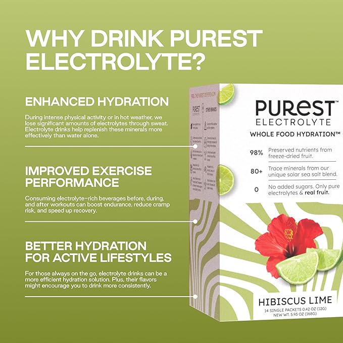 Purest Electrolyte Hibiscus Lime Powder Packets – Whole Food Hydration - Organic Freeze-Dried Fruits and Solar Sea Salts for Ultimate Electrolyte Balance