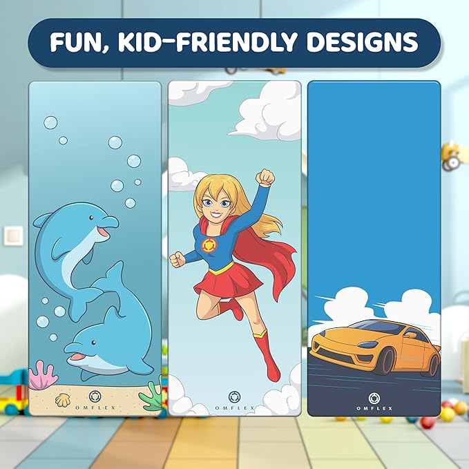 Premium Kids Yoga Mats/Exercise Mats/Play Mats with Carrying Strap – 60"x24" Non-Slip Mats with Fun Prints for Children – 3mm Thick, Dolphins, Car, and Supergirl Designs – SGS & CE Certified, PVC-Free
