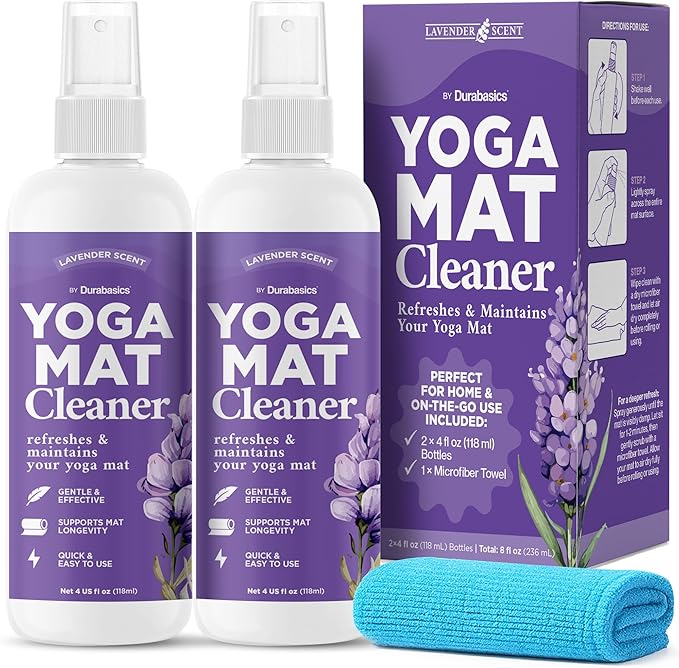 Durabasics Yoga Mat Cleaner Spray – Lavender Scent – 2 Pack (4 oz Each) with Microfiber Towel – Mat Spray Cleaner for Sweat & Odor – Quick-Dry, No Rinse Formula for Gear & Gym Equipment