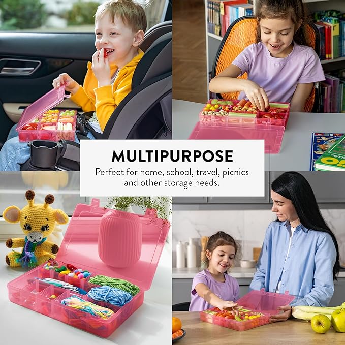 Large Kids Snack Box Containers Set of 2 -100 Labels, BPA-Free, Adjustable Compartments, Dishwasher Safe, Reusable Tray, Food Grade, Meal Prep Container, PARENT TESTED PARENT APPROVED AWARD (Pink)