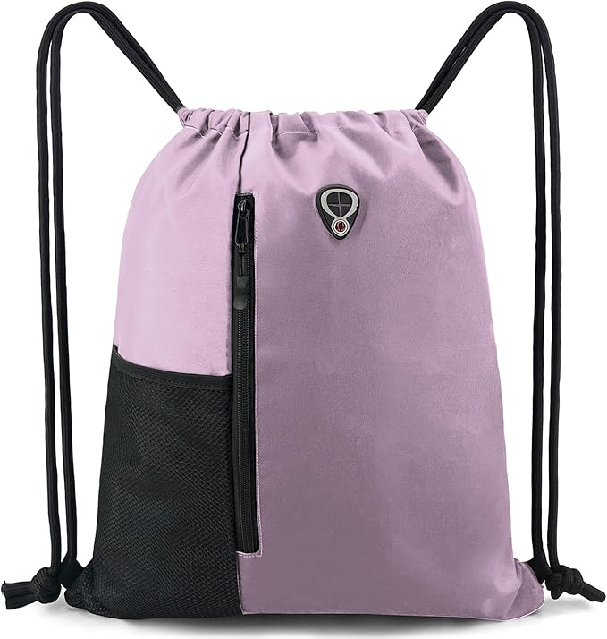 BeeGreen Lilac Drawstring Backpack Gym Bag For Men & Women – Sports Sackpack with Mesh Water Bottle Holder & 2 Zippered Pockets – Large 16x20 Inch Cinch String Backpack Workout Bag for Running, Travel