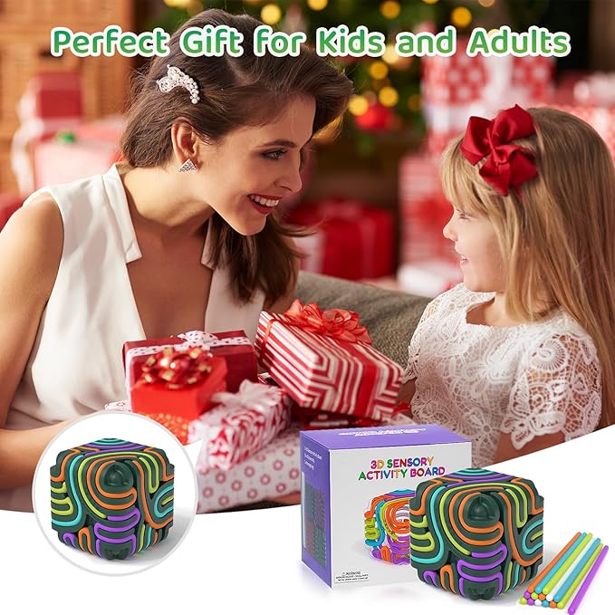 Accevo 3D Sensory Activity Board, Silicone Fidget Cube Toy for Stress Relief, Calming, Focus, ADHD and Autism, 5 Colors Sensory Toys Game Controller for Kids 3+ & Adults with 15 Strings