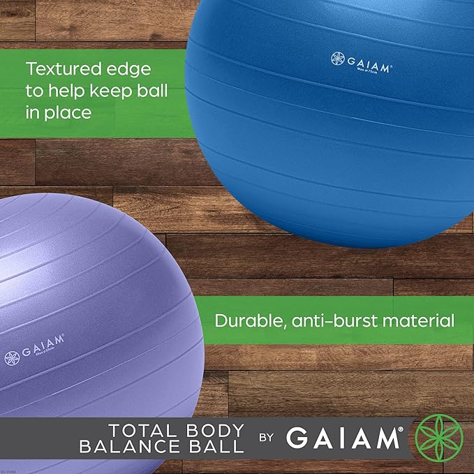 Gaiam Total Body Exercise Balance Stability Yoga Ball, Anti-Burst with Air Pump for Home, Office Chair, and Fitness - Various Sizes