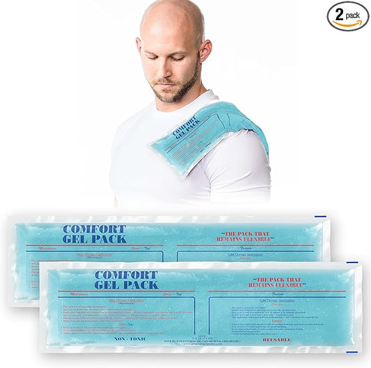 Flexible Reusable Gel Packs for Neck, Wrist, Arm, Back and Shoulder Pain Relief - Versatile Hot or Cold Gel Packs for Injuries, Sore Muscles or Toothache Pain Relief, Blue, 5" x 18", 2 Pack