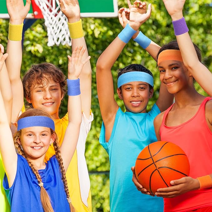 24 Pieces 80s Neon Sweatbands Set, Include 8 Sports Headbands and 16 Sweat Wristbands Elastic Athletic Tennis Sweat Bands Bulk for Man Woman