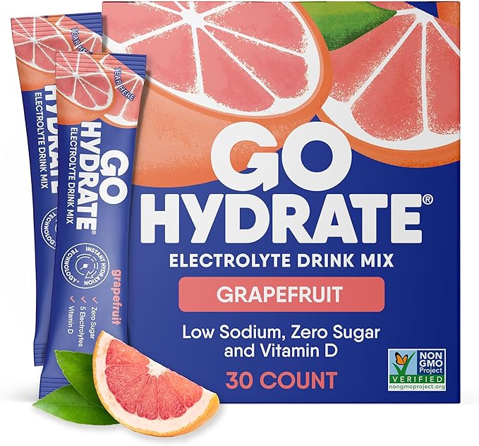 GoHydrate Instant Hydration Powder Packets - Low Sodium Electrolytes Drink Mix - Natural Hydration Support, Sugar Free Electrolyte Flavored Powder Drink with Vitamin D, 30 Packs, Grapefruit