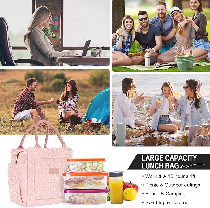 Joymee Lunch Bag Women Insulated Lunch Box Reusable Leakproof Large Spacious Cooler Tote for Women Men Adult with Bottle Holder and Side Pockets for Work Office Travel Picnic - B-Pink